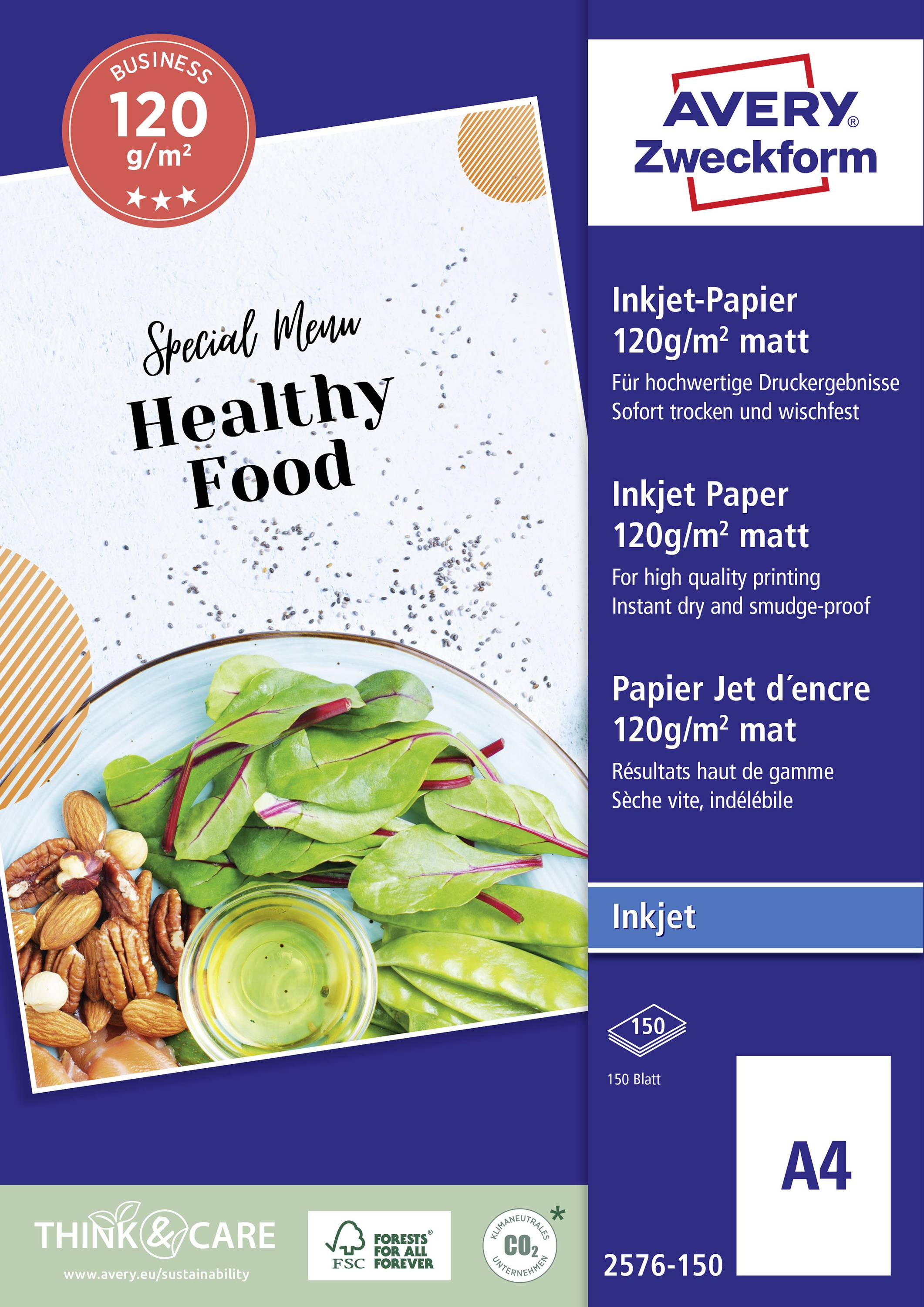 Indpakning til inkjet-papir, 120 g/m² mat, A4. Der er vist salat og nødder, til venstre står 'Special Menu: Healthy Food', 150 ark.