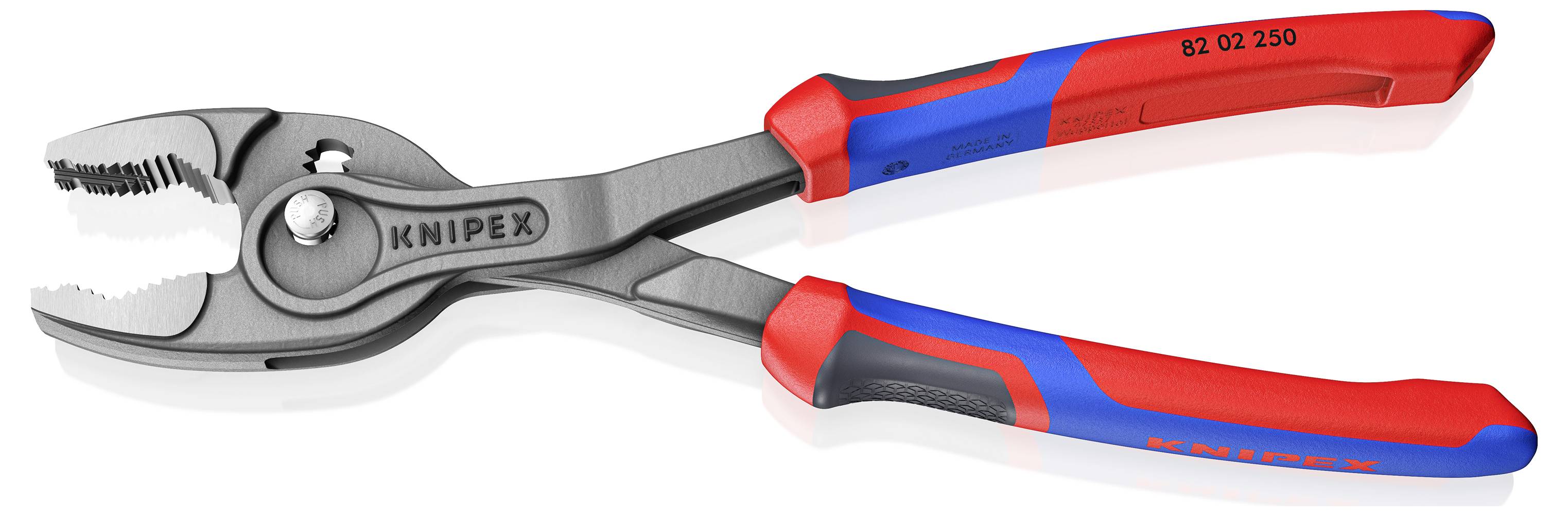 En rød og blå Knipex-tang. Den har takkede kæber og et rødt håndtag med blå og sorte detaljer.