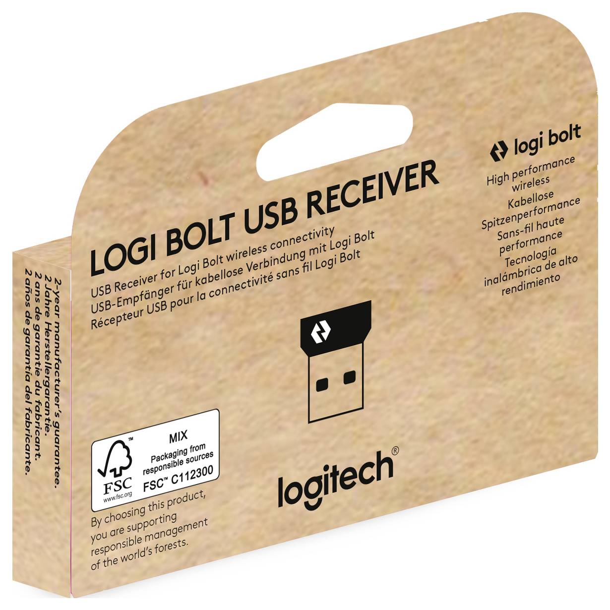 Logitech USB-modtagerpakning viser en Logi Bolt USB-modtager. Ved siden af logoet er der detaljer om trådløs forbindelsesmulighed.