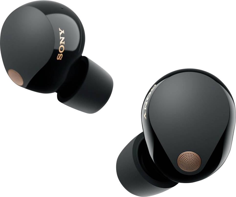 Sorte trådløse in-ear hovedtelefoner med orange mærkelogo og mikrofon på ydersiden.