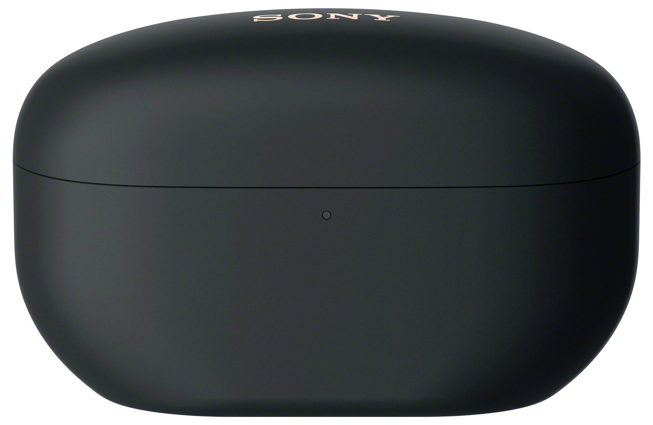 Sort, ovalt Sony-etui til trådløse høretelefoner, lukket.