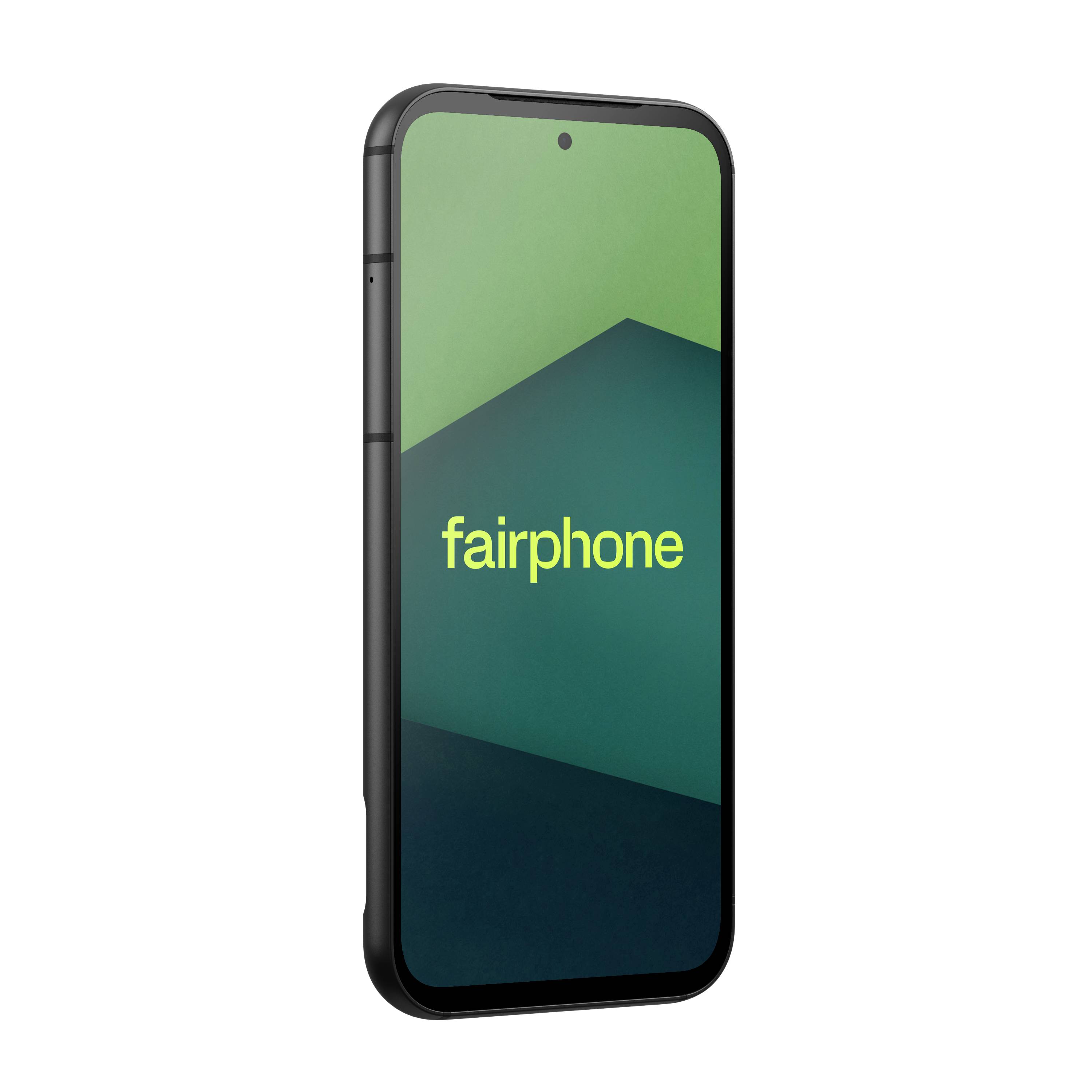 Smartphone med ordet 'fairphone' vist på skærmen, med et moderne design og grøn geometrisk baggrund.