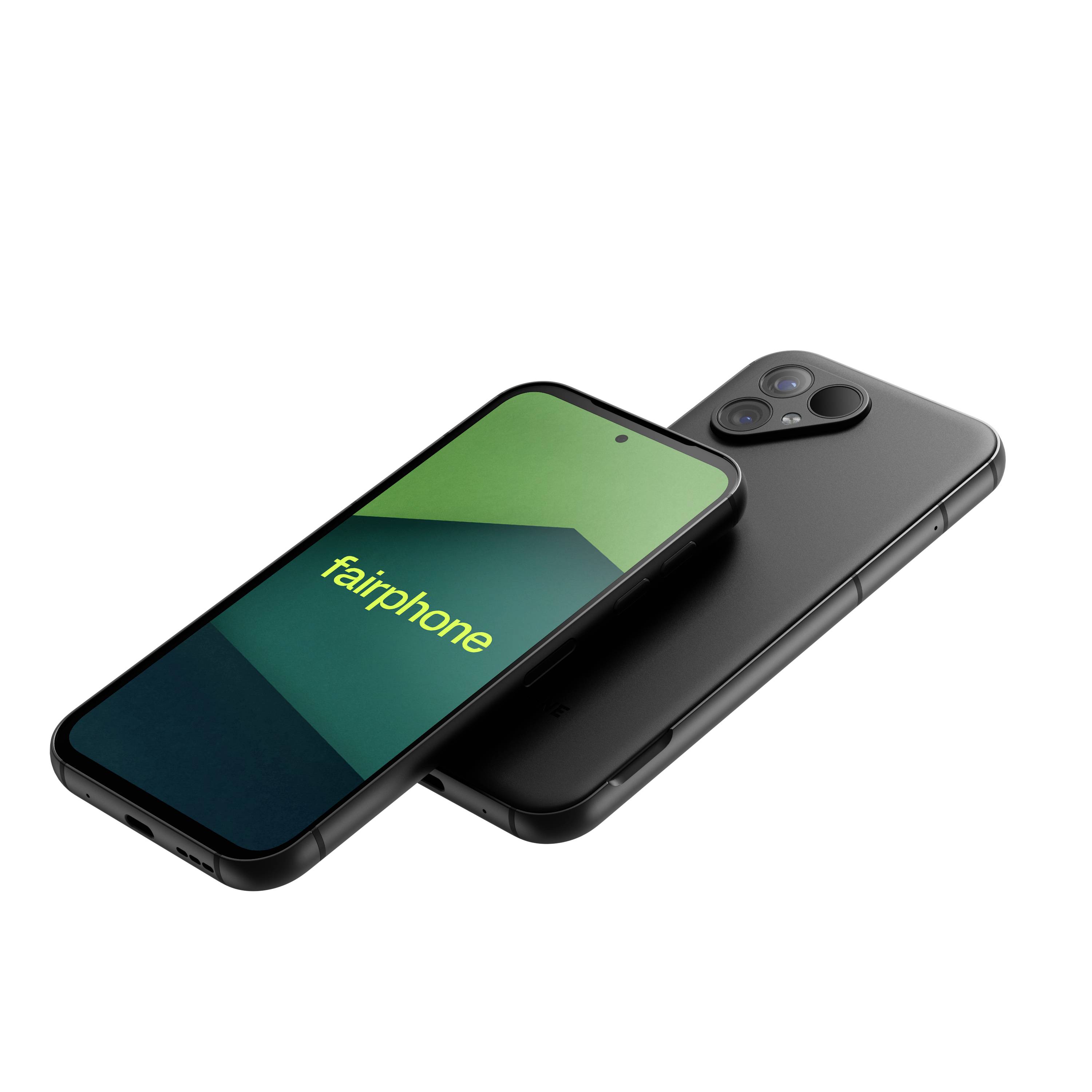 En smartphone med dobbelte bagkameraer og en grøn skærm, der viser 'fairphone', som fremhæver dens bæredygtige design.