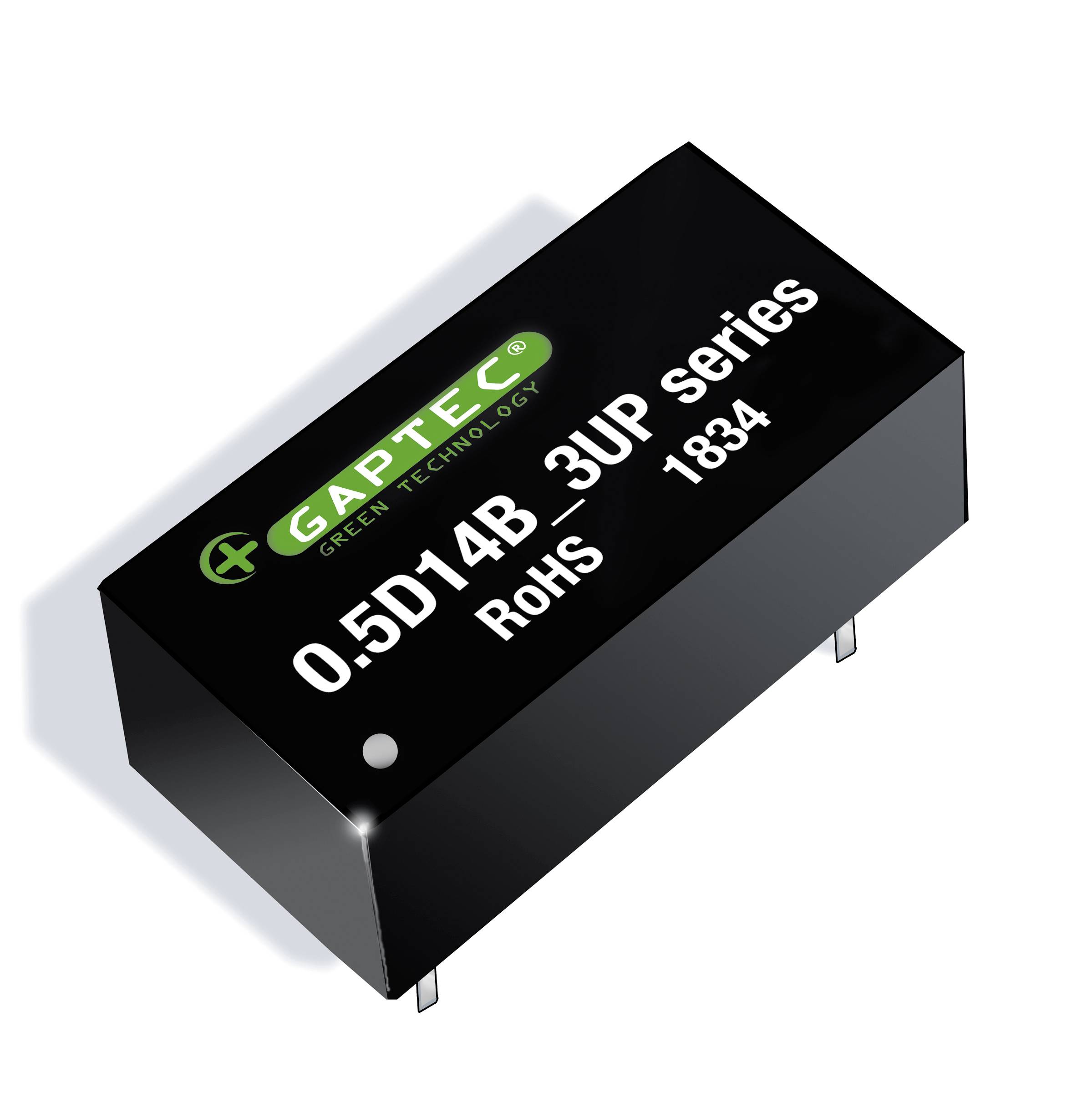 Et sort elektronisk komponent med påskriften 'GAPTEC Geier Technology 0.5D14B-3UP serie RoHS 1834', to ben i bunden.