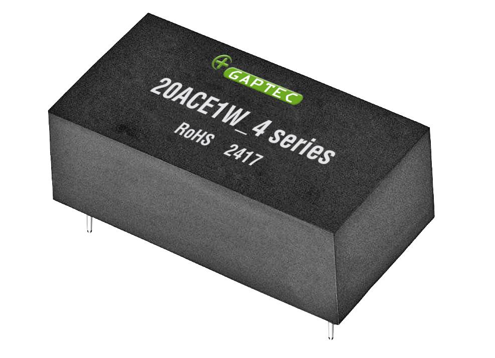Sort elektronisk komponent med påskriften 'GAPTEC', '20ACE1W 4 serie', 'RoHS 2417'. Komponenttilslutninger i bunden.