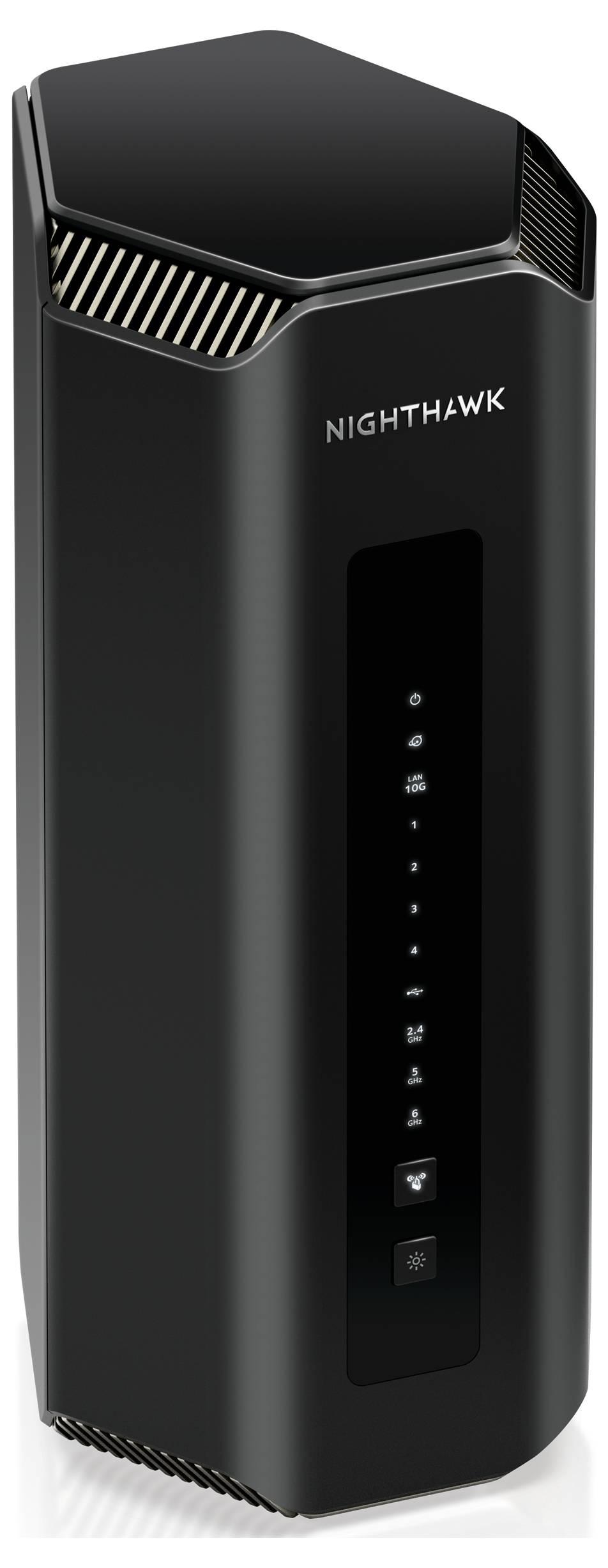En sort vertikal WLAN-router med LED-indikatorer på forsiden. Foroven står der 'Nighthawk'. Designet virker moderne og kompakt.