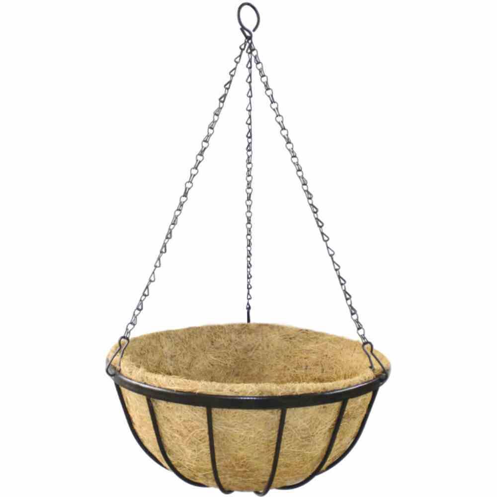 En tom, hængende plantekasse af metal med kokosfiber-indsats, ophængt i tre kæder. Perfekt til hængende planter.