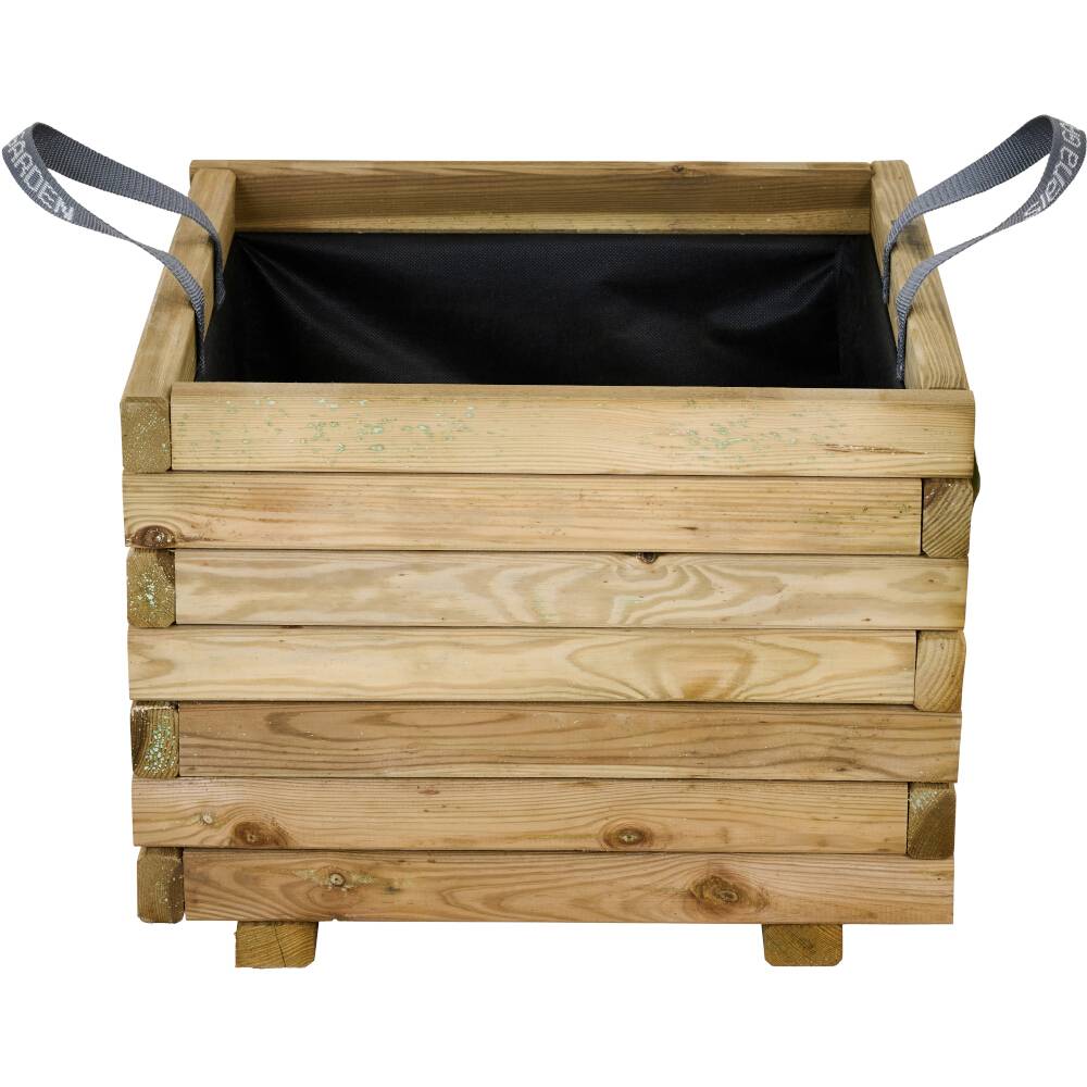 Plantekasse i træ med to grå håndtag, rektangulær form, naturlig træfarve, perfekt til haveplanter.