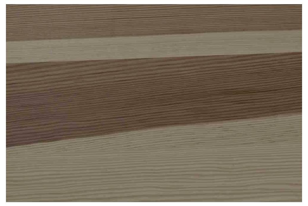 Træoverflade med vandrette, parallelle åretegninger i forskellige nuancer af brun.