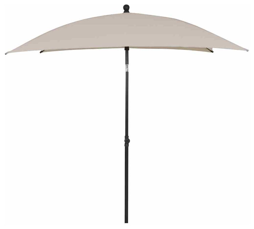 Beige parasol med sort, justerbar fod, åben, isoleret foran lys baggrund. Perfekt til have eller terrasse.