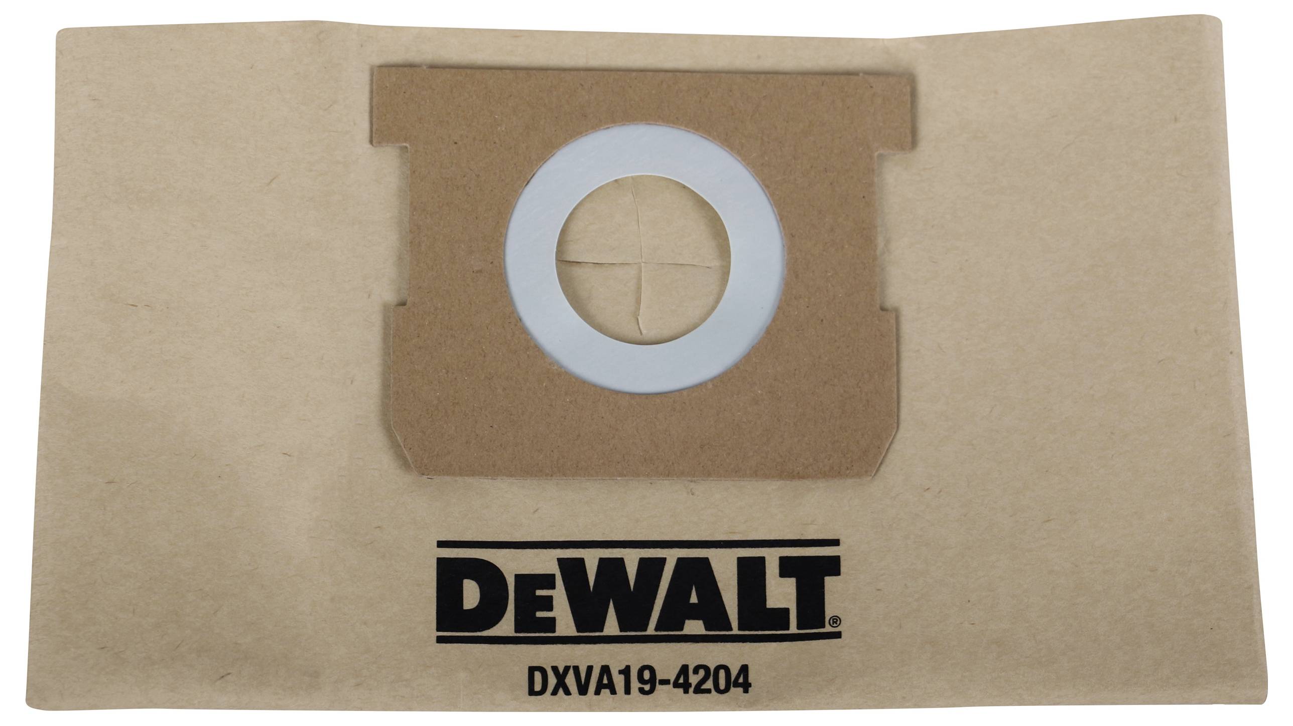 Støvsugerposer fra DeWalt, modelnummer DXVA19-4204, fremstillet af brun papir med et blåt plastikventil i midten.