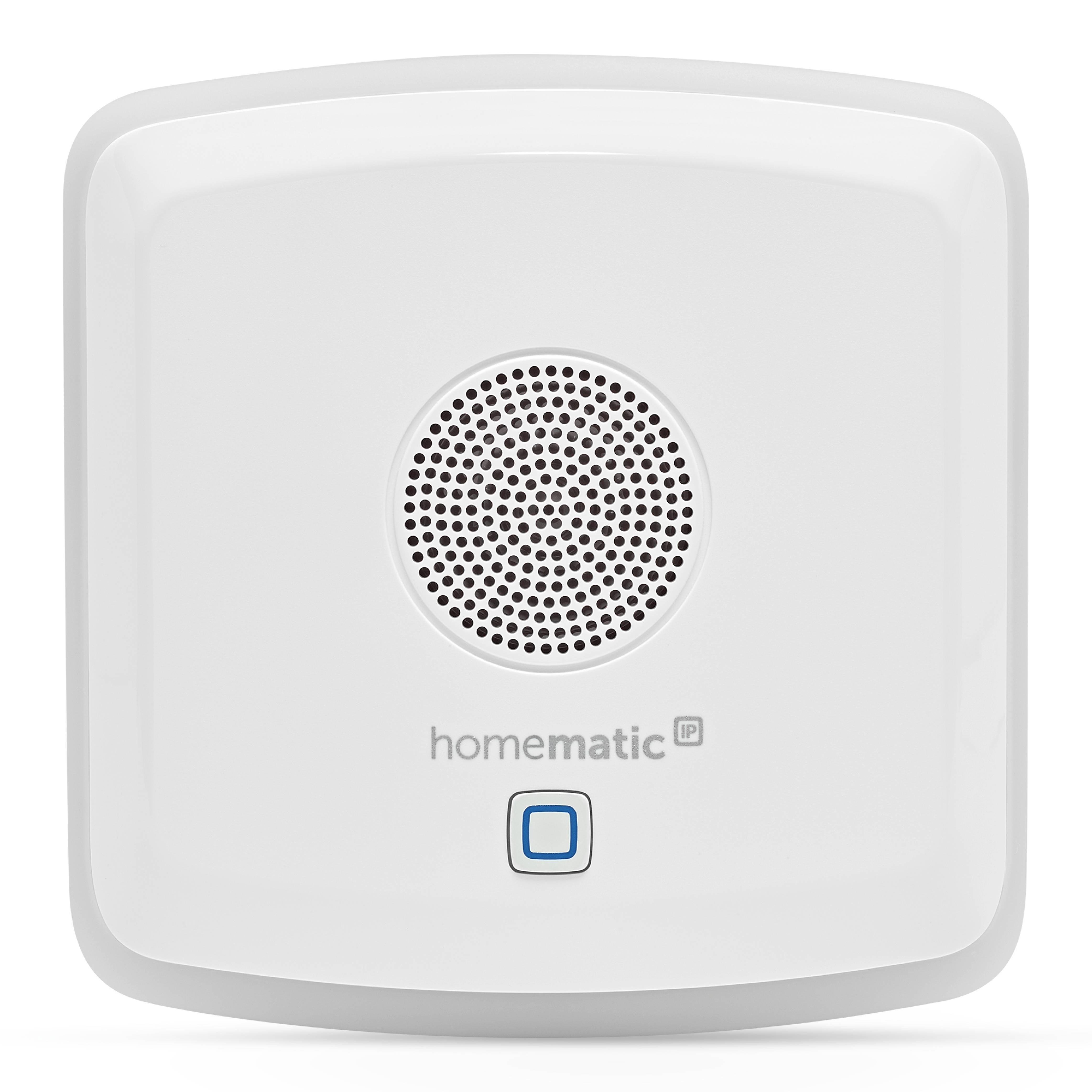 Kvadratisk røgalarm med centralt højttalergitter og en blå knap nedenunder. Påskrift: 'homematic IP'.