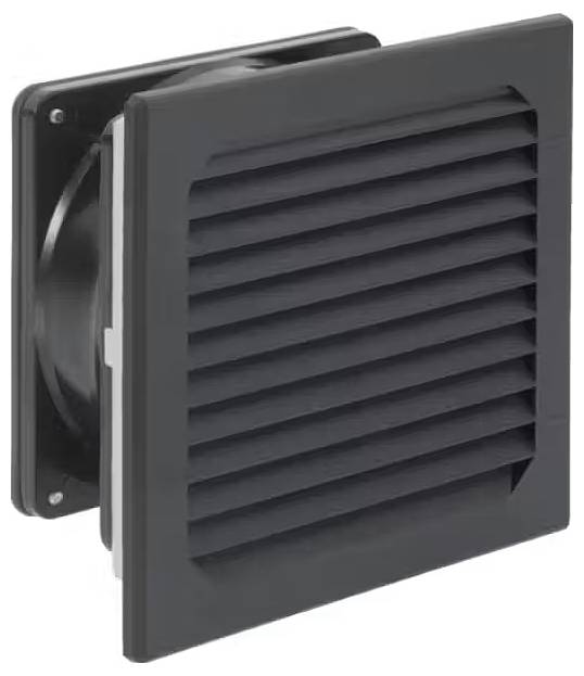 En sort ventilationsgitter med horisontale lameller danner hovedfokus. Den er firkantet og kan monteres på væggen.