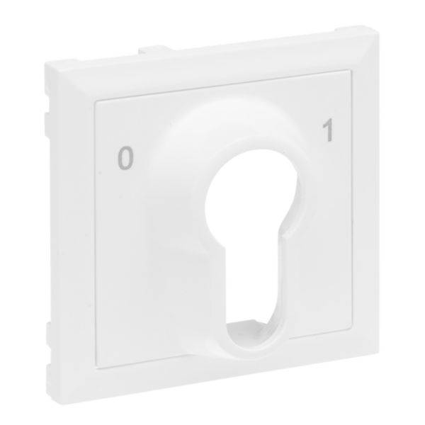 Firkantet hvid betjeningspanel med nøglehul, foroven mærket med '0' og '1', til styring af enheder.