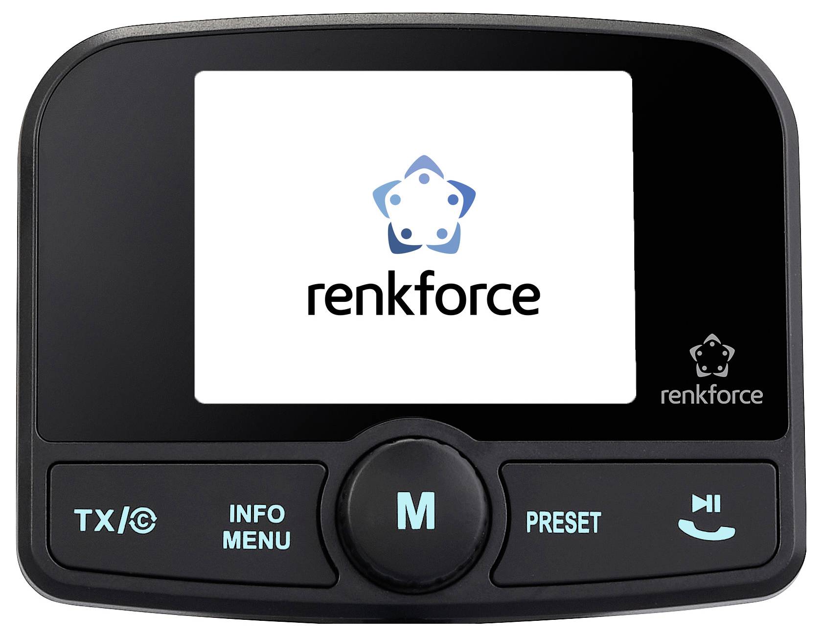 Sort elektronisk skærm med 'Renkforce' logo og symbol i midten. Taster nederst: 'TX/◯', 'INFO MENU', 'M', 'PRESET', 'Telefonrør'.