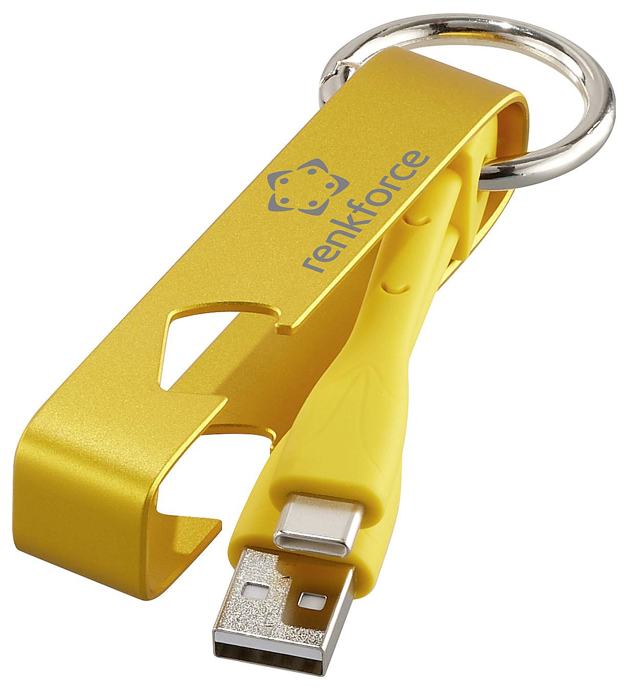 Gul USB-stik med flaskeåbner og nøglering, påskrift 'renkforce'. Kombinerer praktisk USB-lagring med dagligdags funktionalitet.