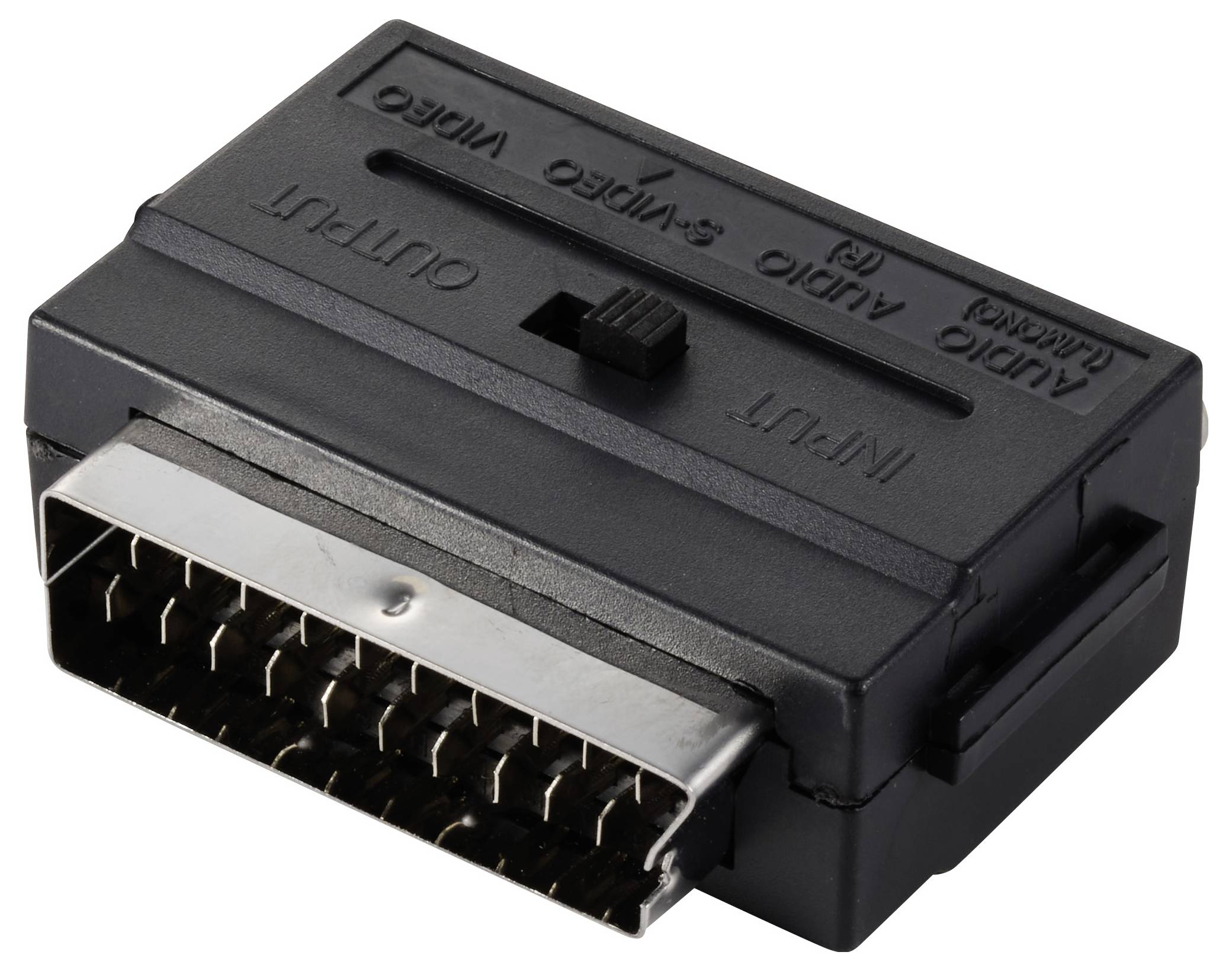 En sort SCART-adapter med omskiftere til lyd/video, udgang/indgang.