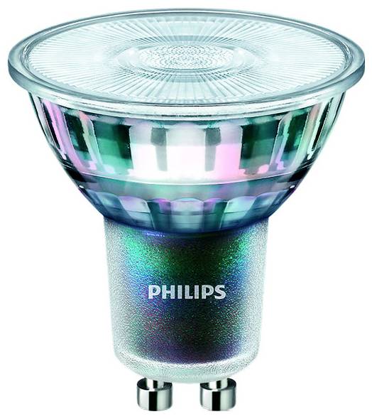 En LED-pære fra Philips med GU10-fatning. Den har et gennemsigtigt hus med flerfarvet refleksion.