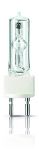 En halogenlampe med cylinderform og topsoket, stående på en spejlende overflade.