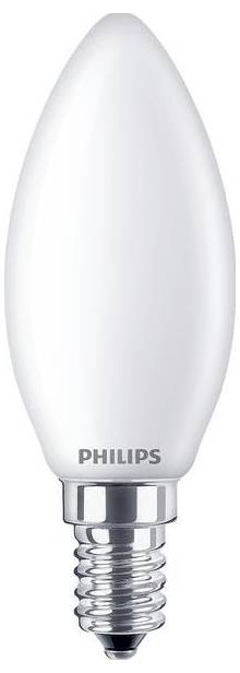 En hvid LED-pære fra Philips i stearinlysform, egnet til dekorativ belysning og nem montering i E14-fatninger.