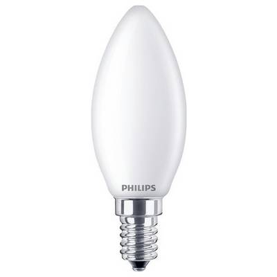 En hvid LED-pære fra Philips i stearinlysform, egnet til dekorativ belysning og nem montering i E14-fatninger.
