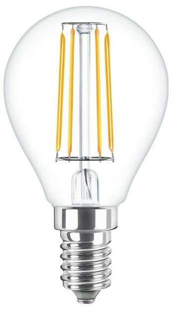 LED-pære med LED-filamenter, klar glasoverflade og E14-gevind, tændt, udsender varmt hvidt lys.