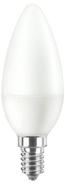 En hvid LED-pære med E14-sokkel og stearinlysformet design. Ideel til dekorative lamper eller lysekroner.