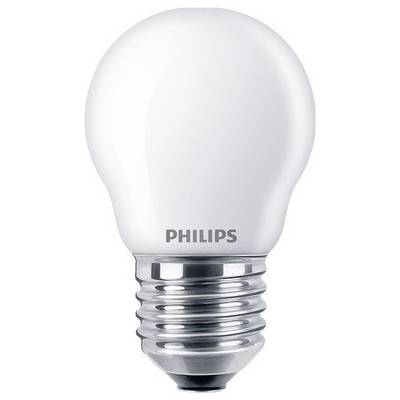 Hvid LED-pære fra Philips med E27-sokkel, placeret foran hvid baggrund.