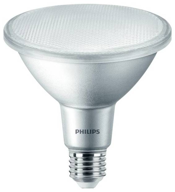 En sølvfarvet Philips LED-pære med E27-sokkel. Den har en bred, riflet overflade til spredning af lyset.