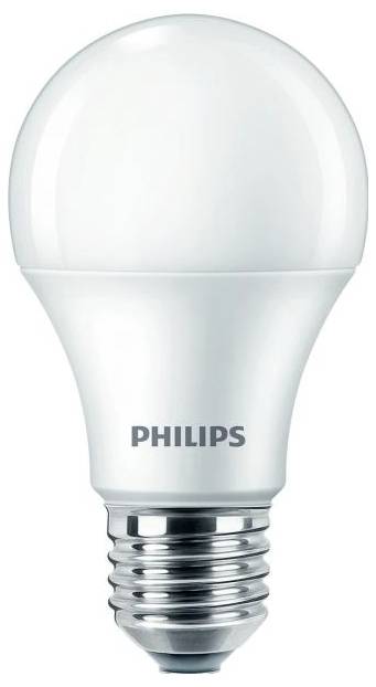 En hvid LED-pære med 'Philips' påskrift, standardiseret skruefattning, energibesparende til husholdning og kontor.