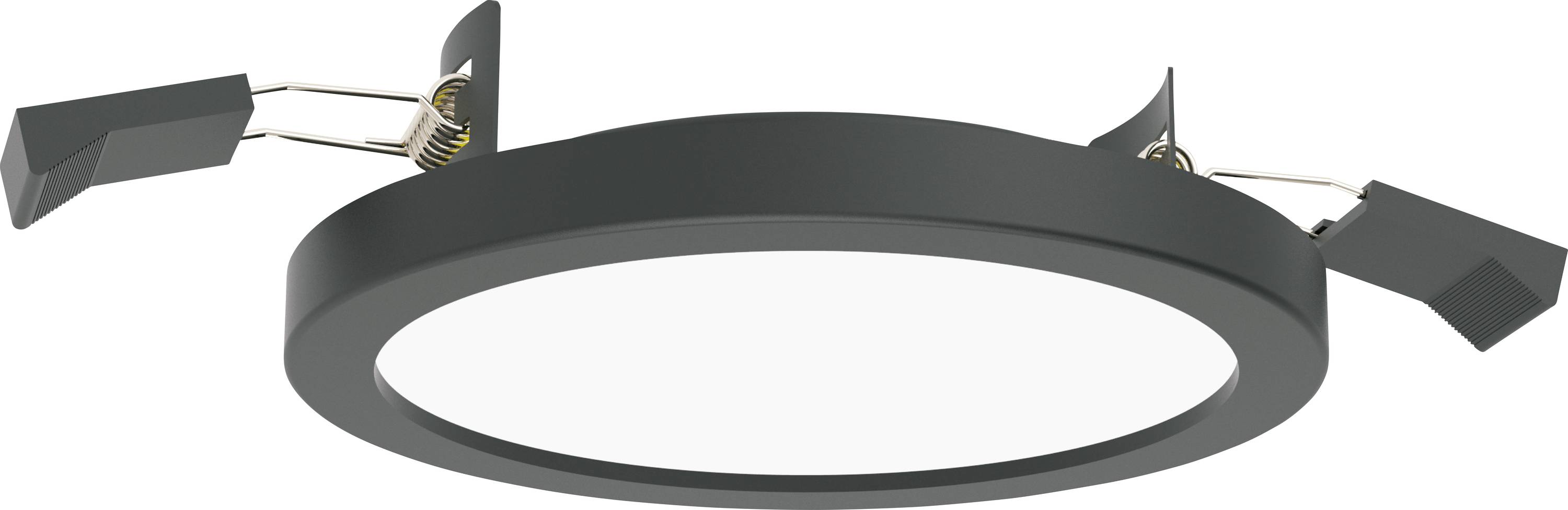 Rund, sort LED-loftslampe med to monteringsbeslag, som lyser i klart hvidt lys.