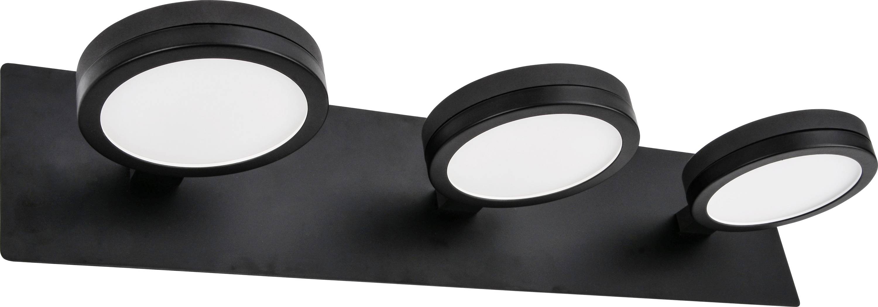 Tre runde, sorte loftslamper i et moderne, minimalistisk design, monteret på et rektangulært, sort beslag.