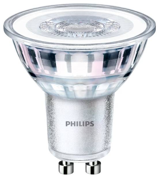 Energibesparende LED-spotpære med GU10-sokkel fra Philips, egnet til armaturer med højere energiforbrug.