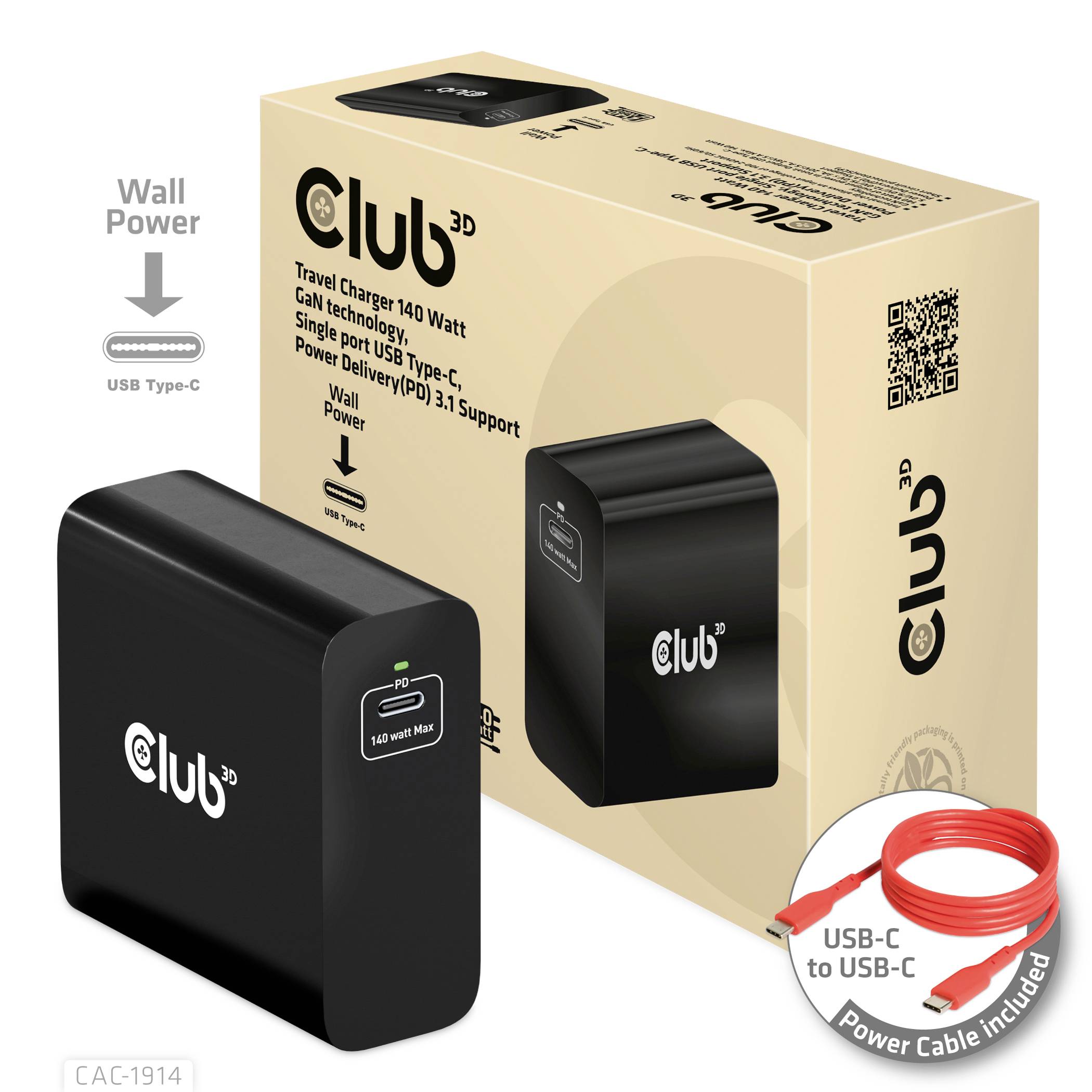 'Sort Club 3D 140W Rejseadapter med USB-C Power Delivery. Illustration viser adapter, forbindelseskabel og information om vægstrømskompatibilitet.'