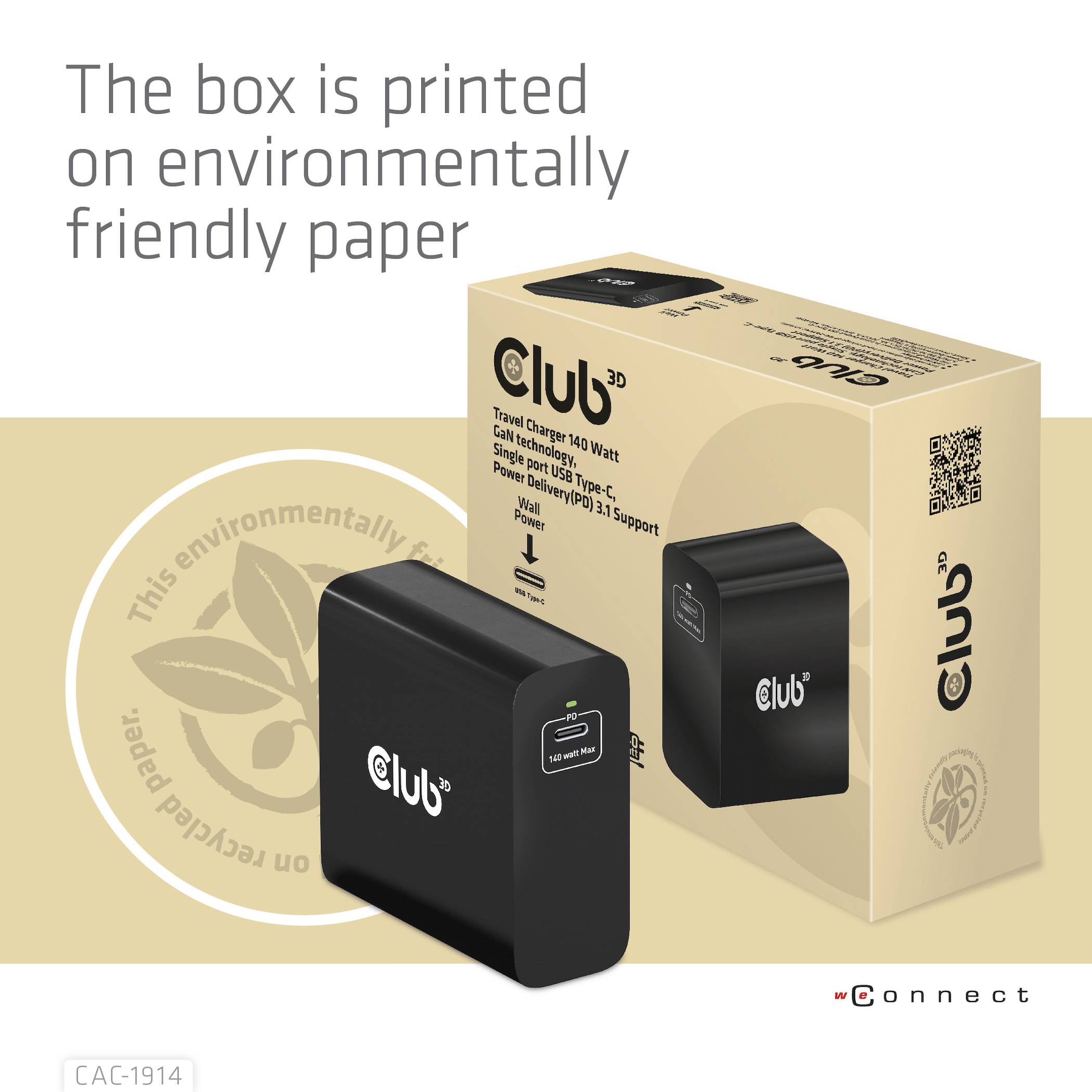 club3D CAC-1914EU USB-oplader 140 W 1 x USB-C® USB PD 3.1, Power Delivery Sort GaN-4
