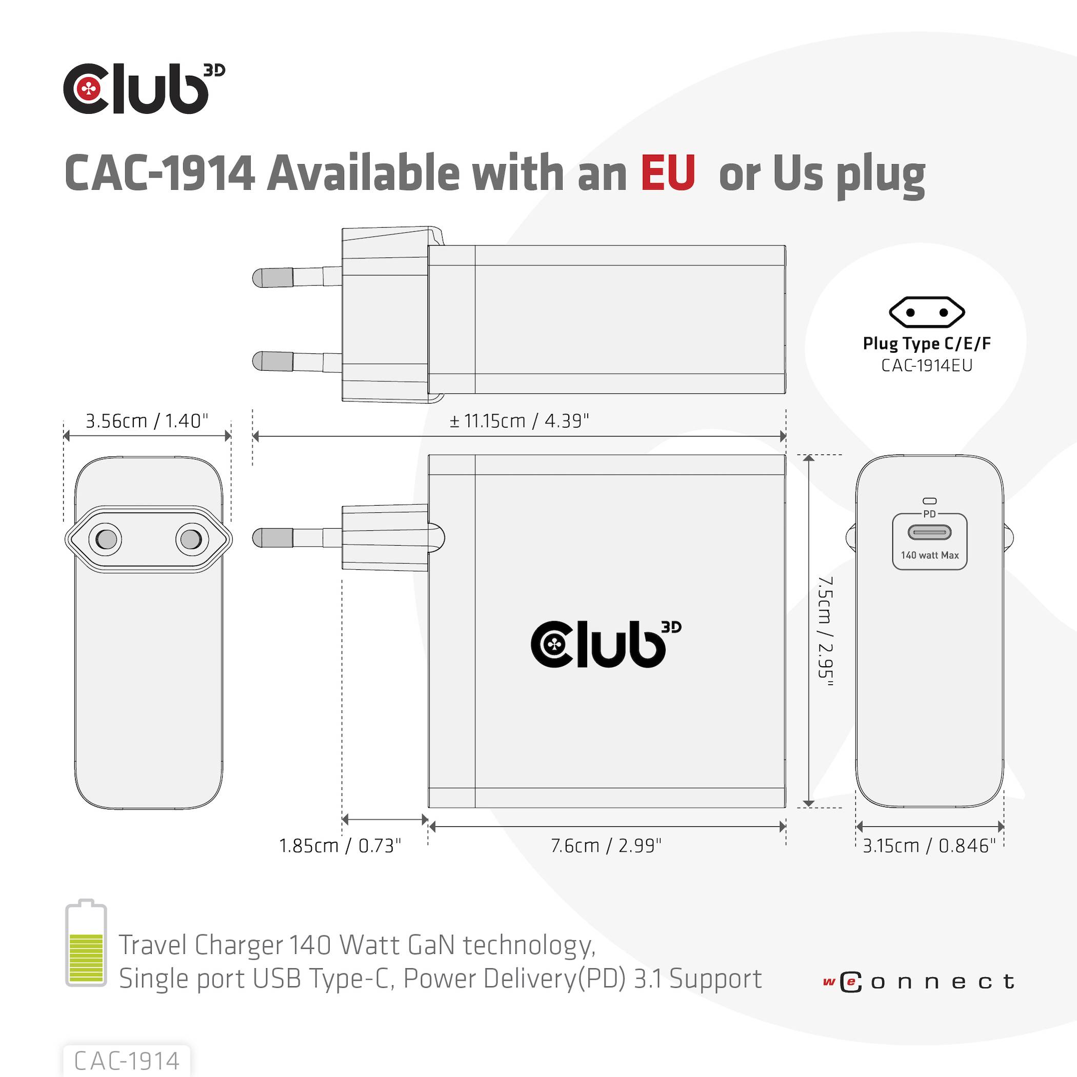 club3D CAC-1914EU USB-oplader 140 W 1 x USB-C® USB PD 3.1, Power Delivery Sort GaN-10