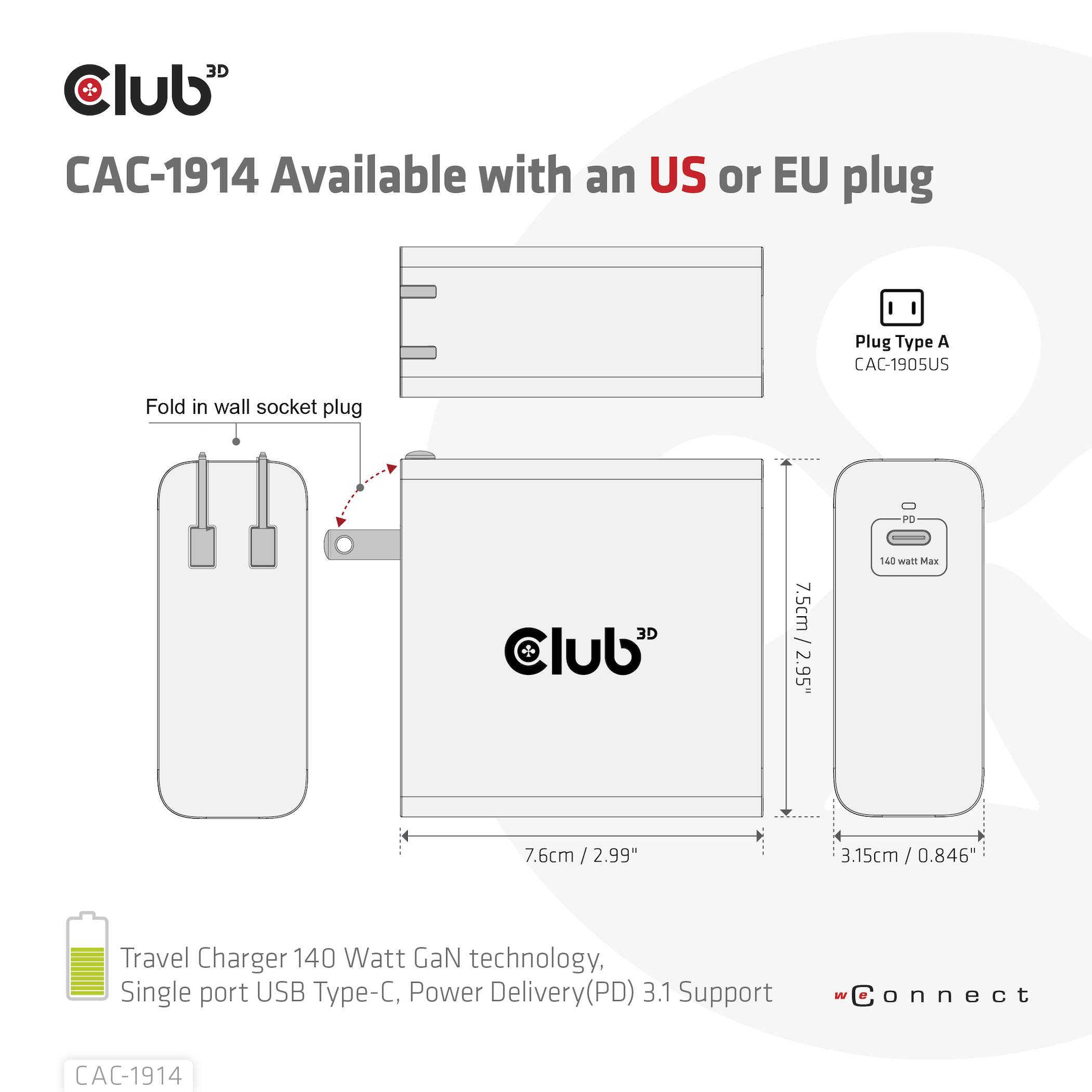 club3D CAC-1914EU USB-oplader 140 W 1 x USB-C® USB PD 3.1, Power Delivery Sort GaN-12