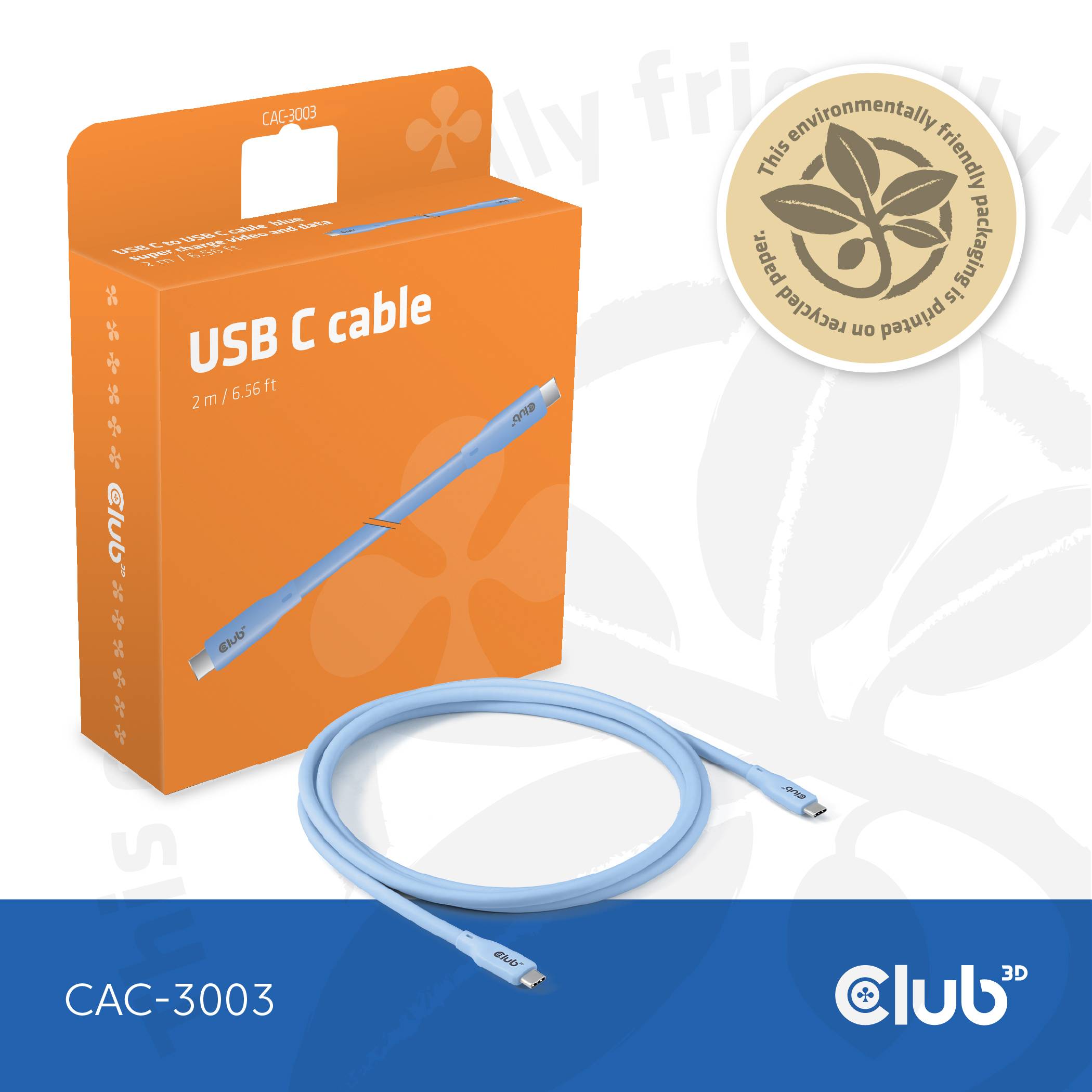 club3D USB-C kabel USB4™ USB-C® stik 2.00 m Blå CAC-3003-7