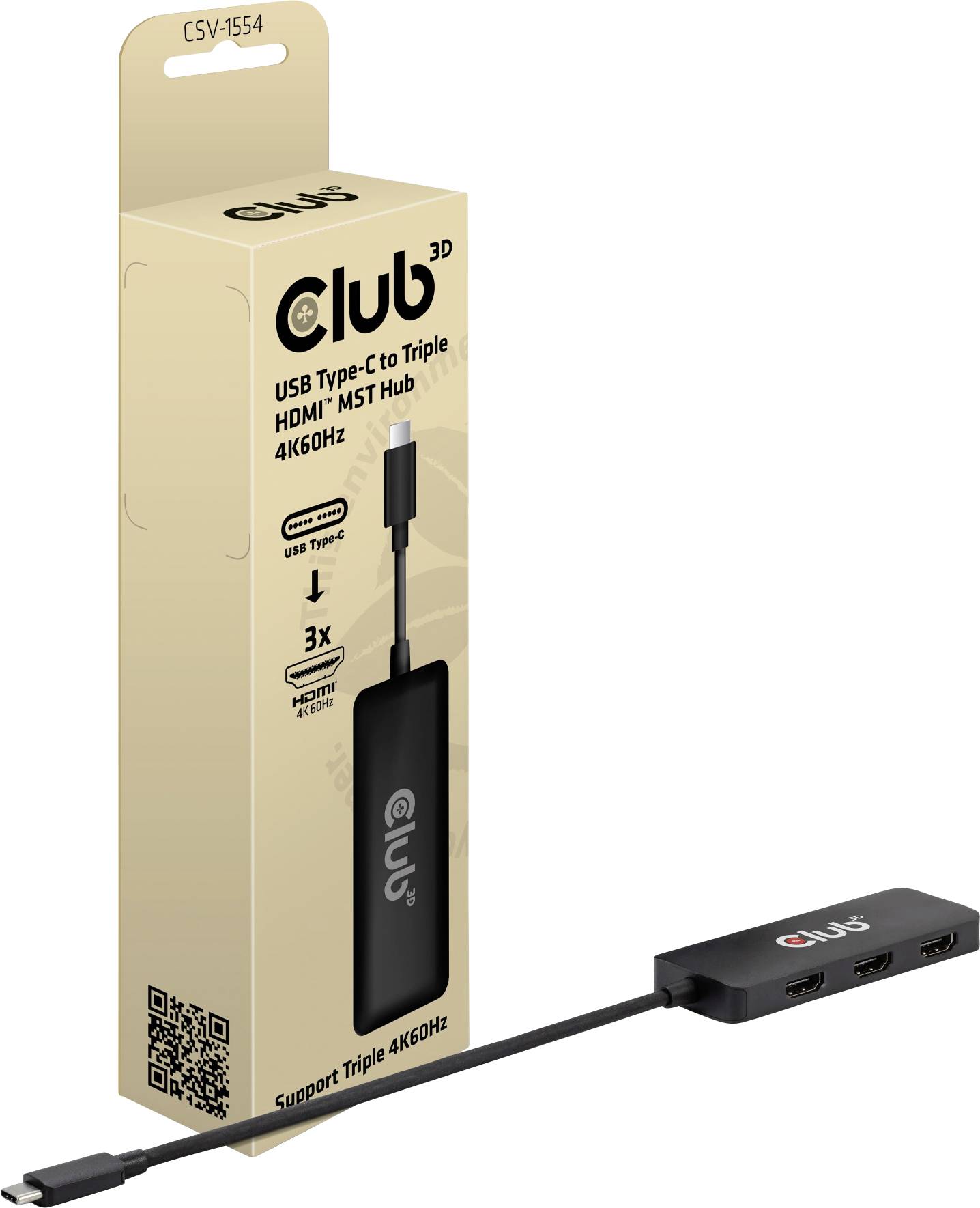 USB-C til HDMI-hub med tre porte, understøtter 4K ved 60Hz, emballage viser produktbillede og logo.