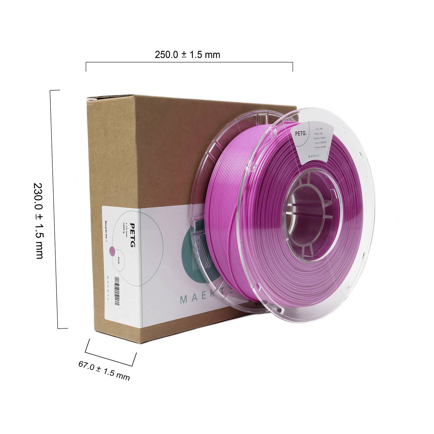 En rulle violet PETG-filament ligger ved siden af en karton med målene: 250 mm (bredde) x 230 mm (højde) x 67 mm (dybde).