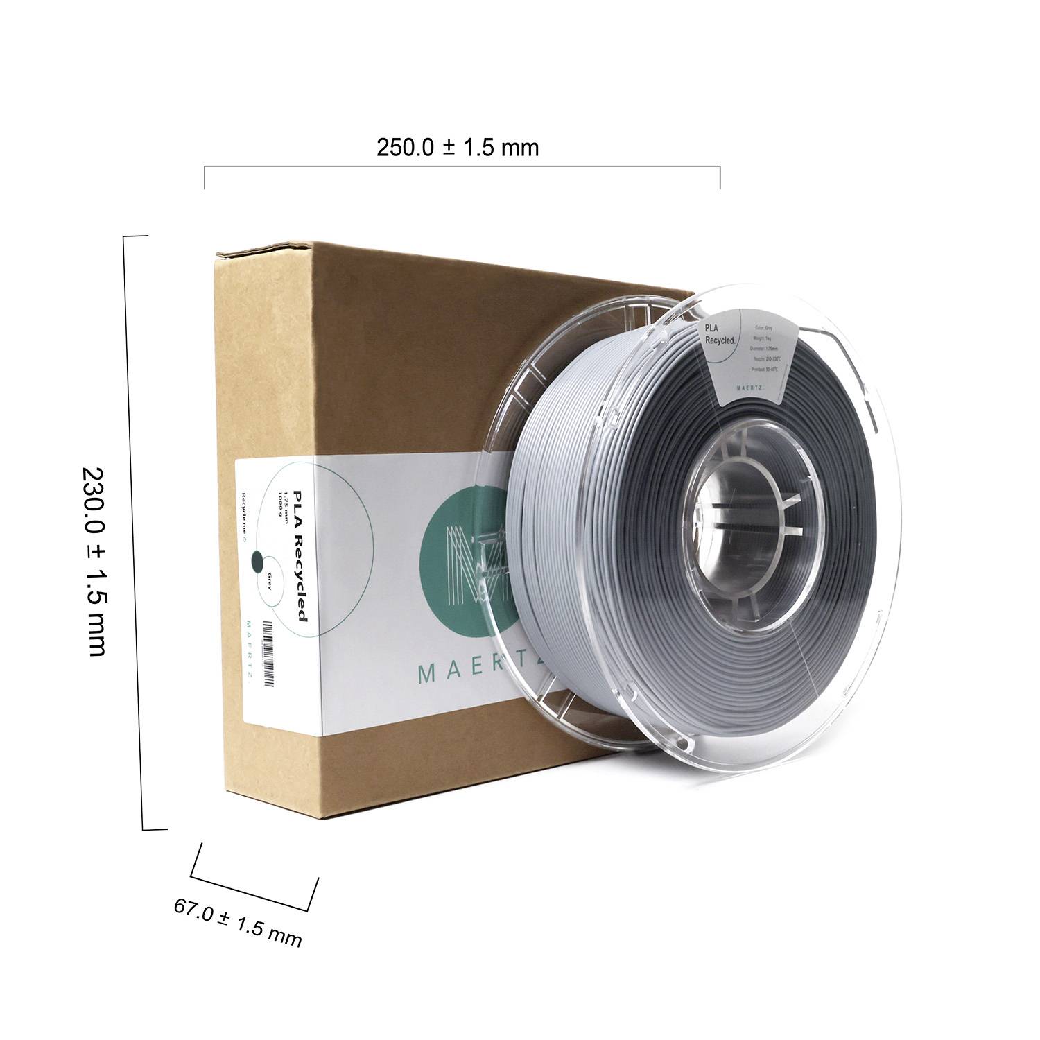 Maertz filamentrulleboks, dimensioner: 250 mm bredde, 230 mm højde, 67 mm dybde. Fremstillet af genanvendt materiale.
