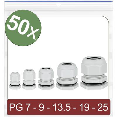 Sæt med 50 kabelforskruninger i fem størrelser: PG 7, 9, 13.5, 19 og 25. Egnede til sikker kabelmontering.