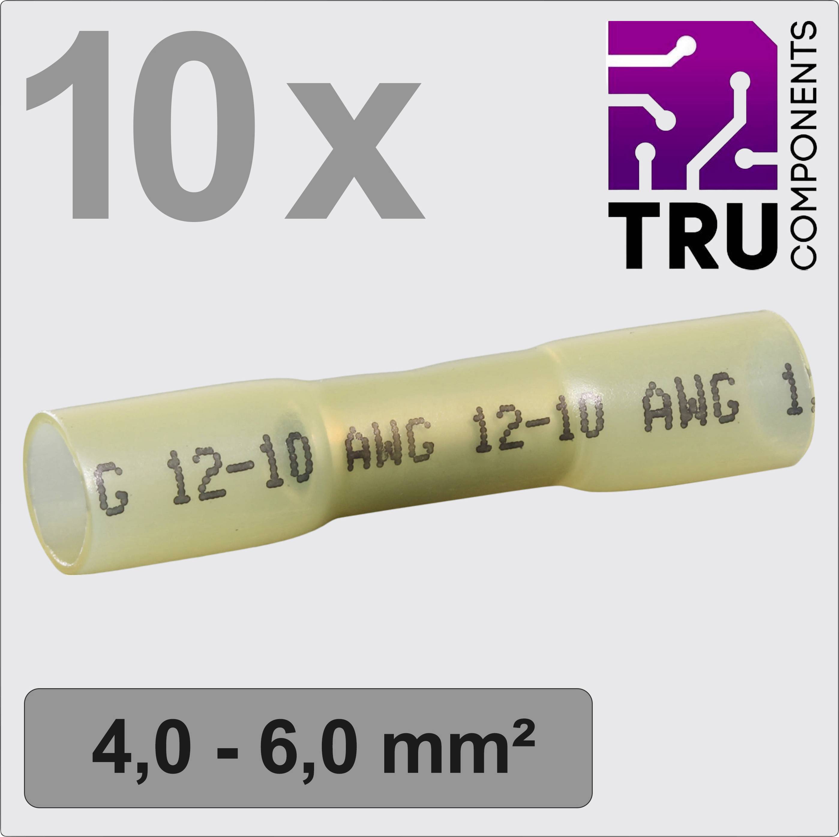 '10x TRU Components Kabelsamler, 4,0-6,0 mm², gul, AWG 12-10' med sort skrift på grå baggrund.