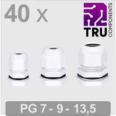 40 kabelforskruninger i tre størrelser (PG 7, PG 9, PG 13,5) fra TRU Components. De er hvide og lavet af plast.