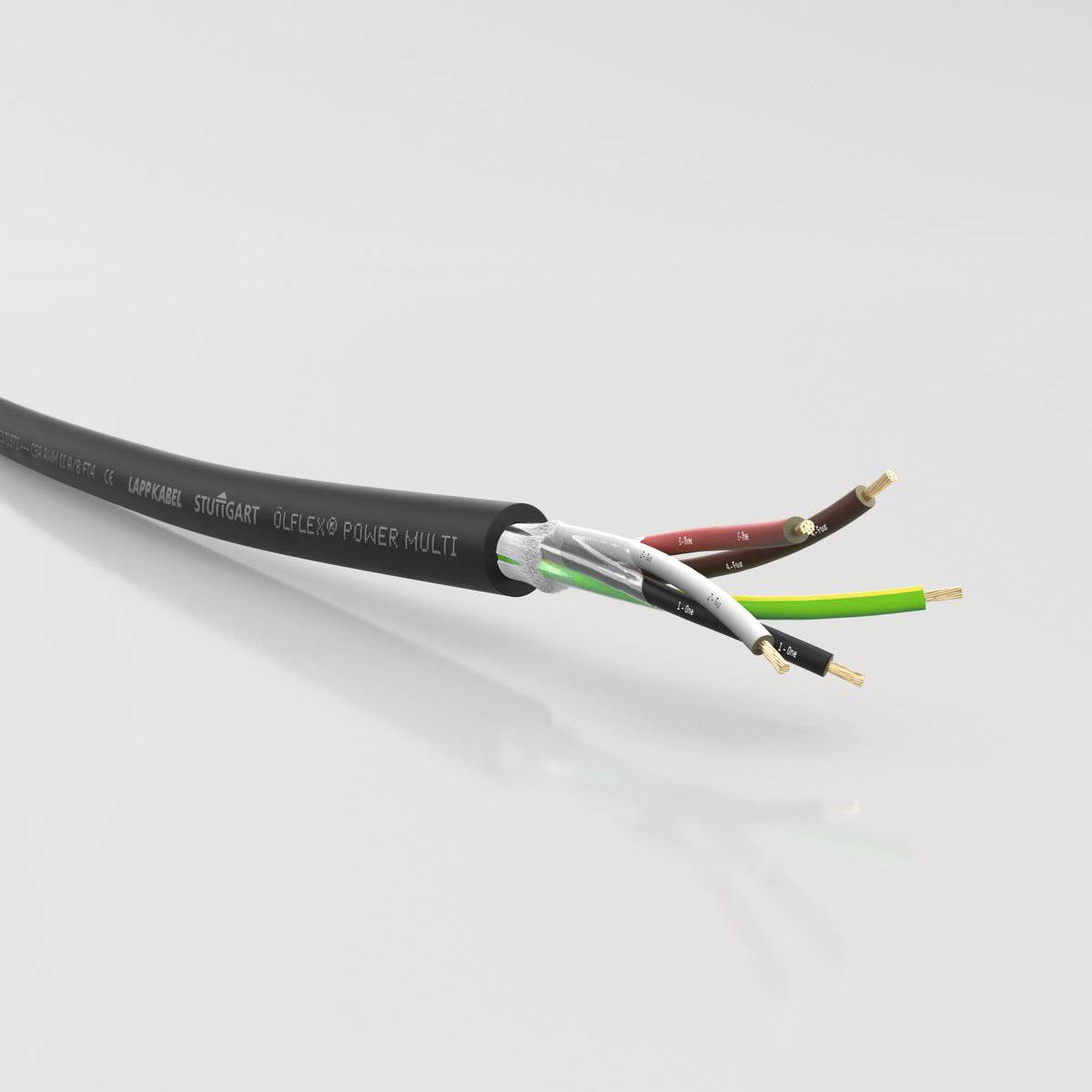 Et elektrisk kabel med flere synlige ledere i forskellige farver (sort, grøn/gul, brun) og en sort isolering.
