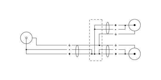 Kredsløbsdiagram med cirkulære objekter, som er forbundet med hinanden via ledninger; viser strukturen af et elektrisk system.