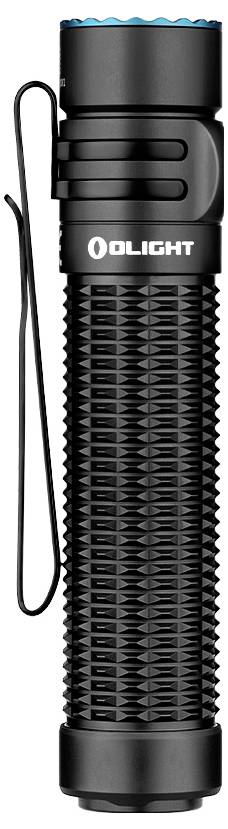 Lommelygte i sort med clips, kompakt design, riflet overflade for bedre greb.