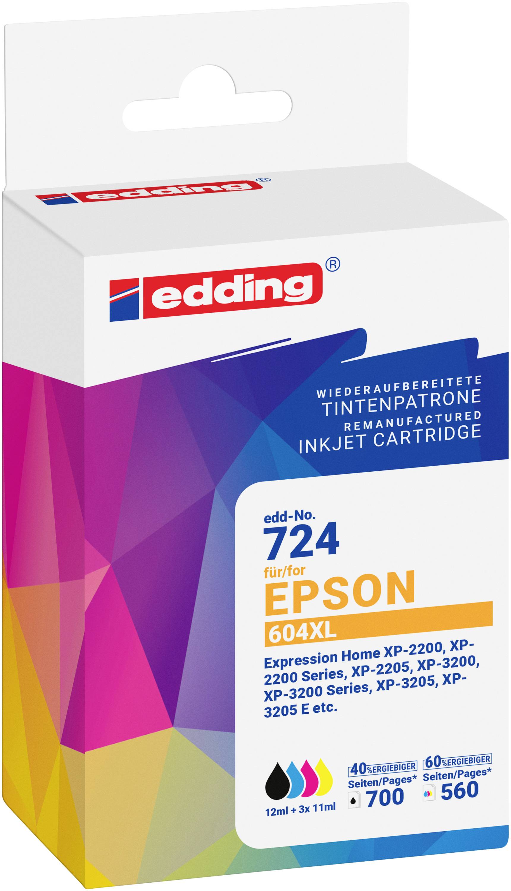 Edding Blæk erstatter Epson 604XL Multipack 4 Kompatibel Kombi-pakke Sort, Cyan, Magenta, Gul EDD-724 18-724-0
