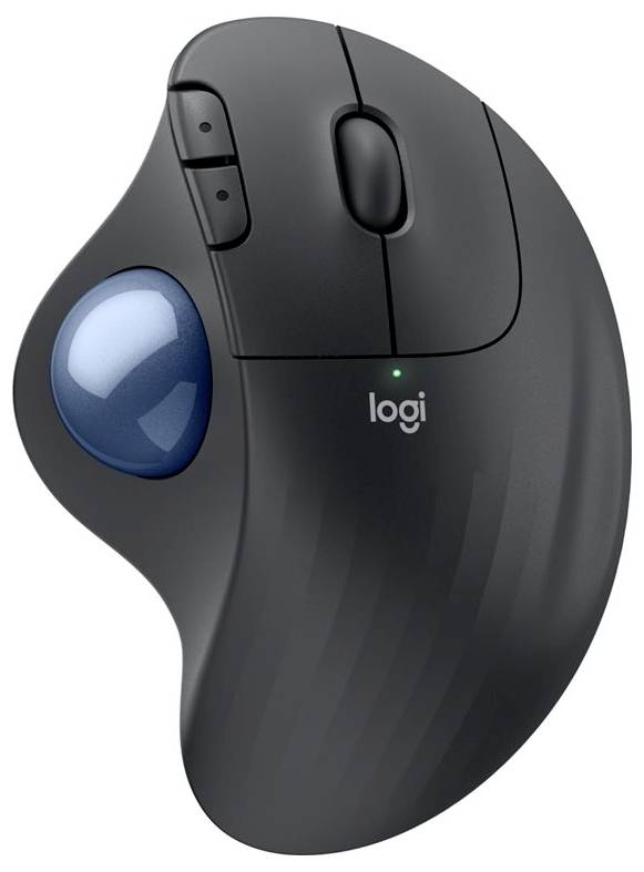 En sort ergonomisk computermuse med blå trackball og to knapper, ideel til bekvem navigation.