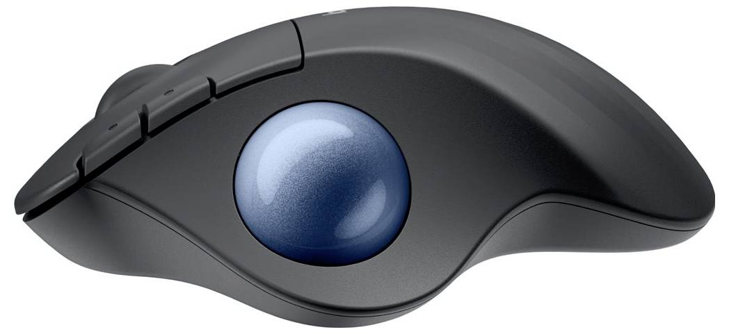 En ergonomisk, sort computermuse med en blå trackball-kugle til venstre, som bruges til styring.